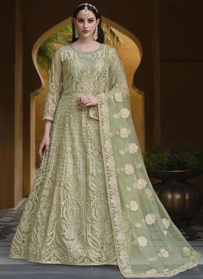 Pure Butterfly Net Light Green Bridal Wear Stone Work Anarkali Suit